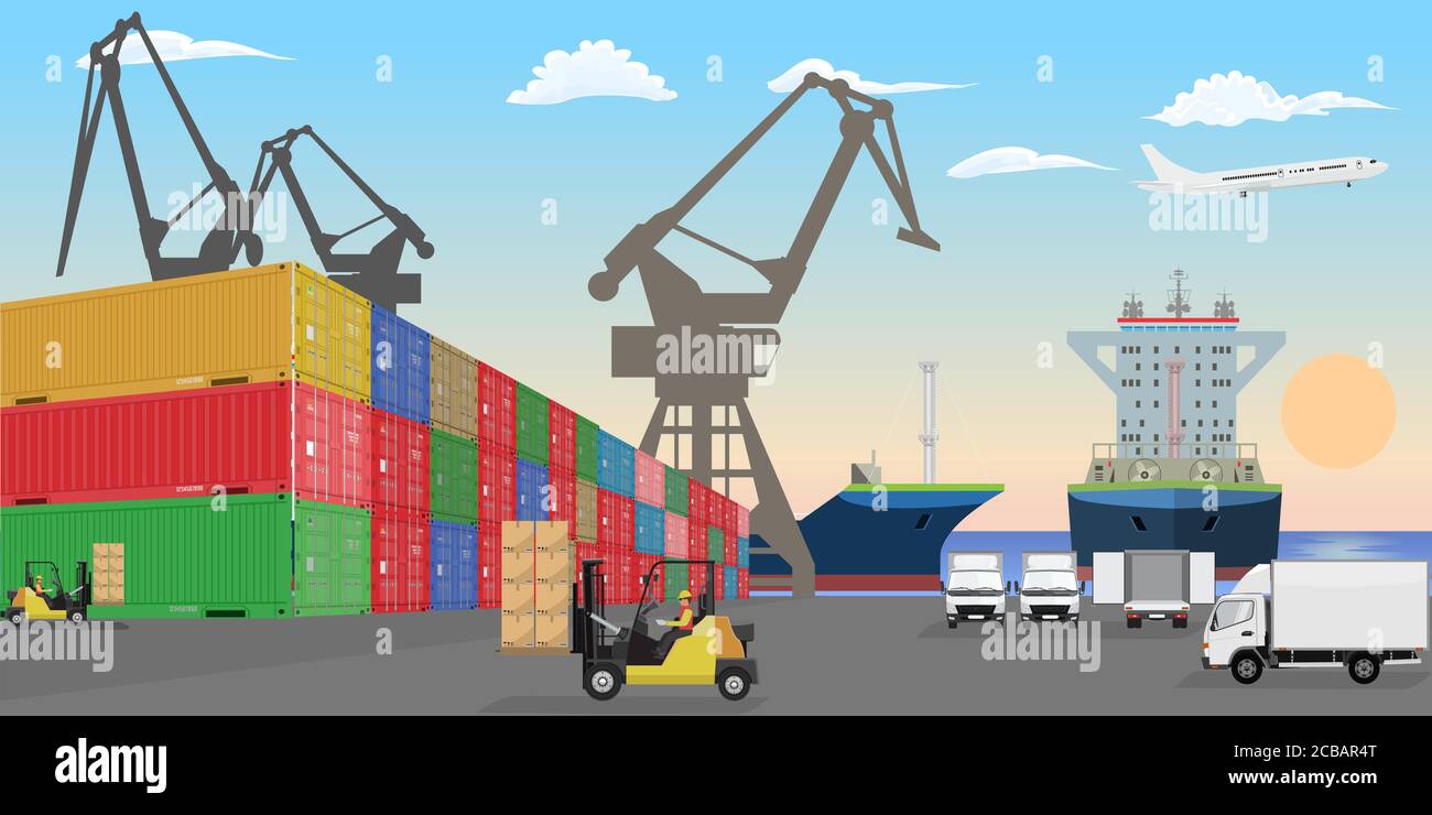 Stacked freight containers at a sea port dock. High detailed cargo ships cars and forklift cars. Flat Vector illustration. Stock Vector