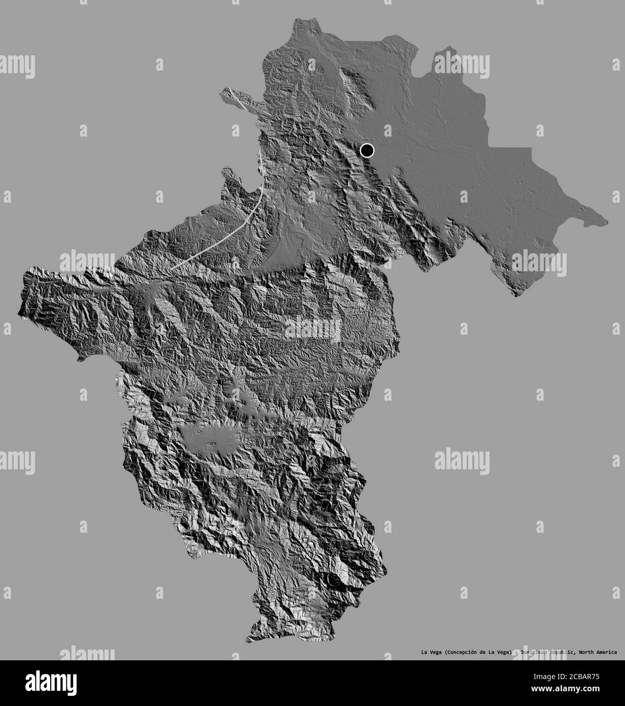 Shape of La Vega, province of Dominican Republic, with its capital isolated on a solid color