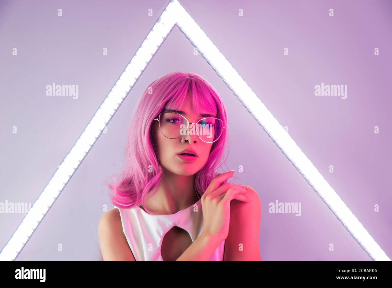 Fashion portrait of beautiful woman on colored background Stock Photo ...