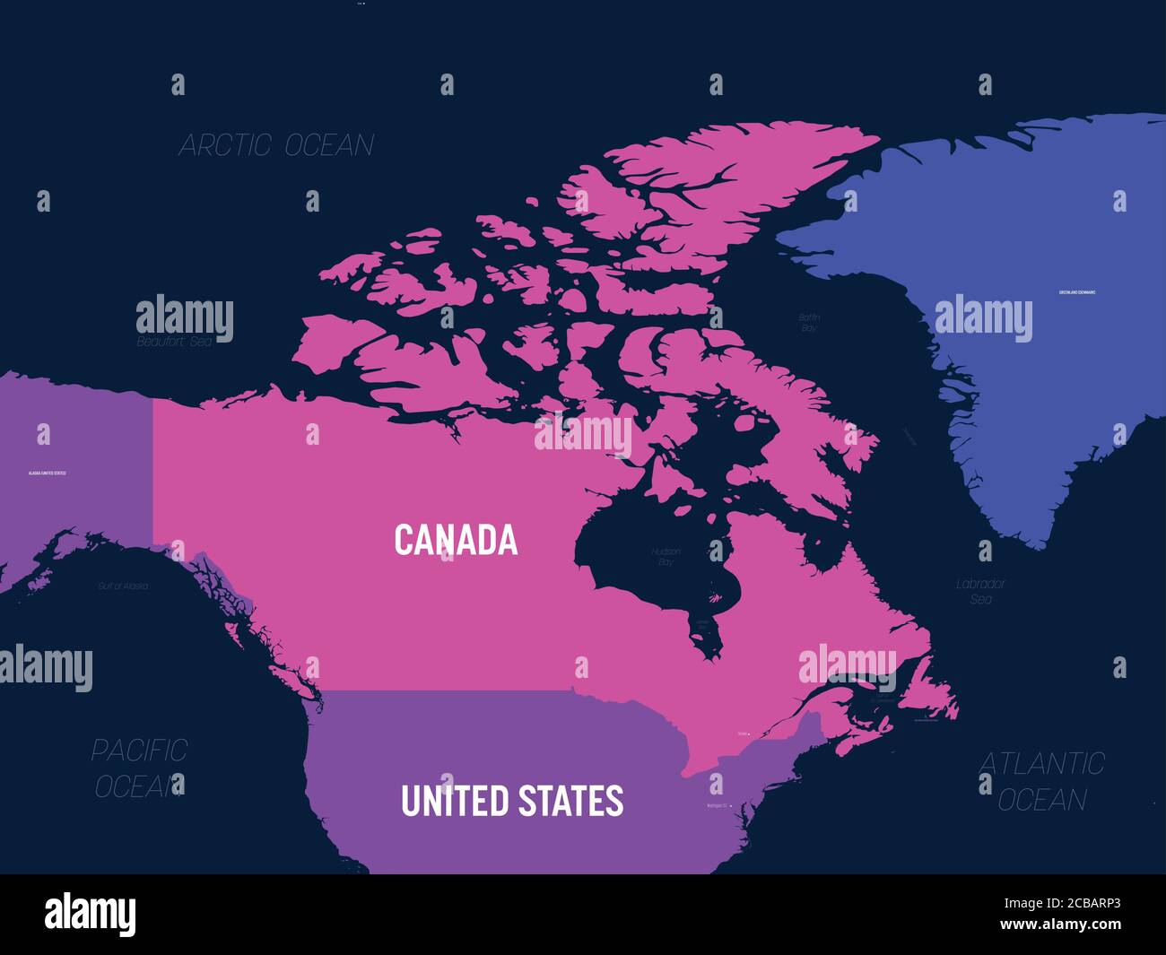 Canada map. High detailed political map Canada and neighboring countries with country, capital, ocean and sea names labeling. Stock Vector