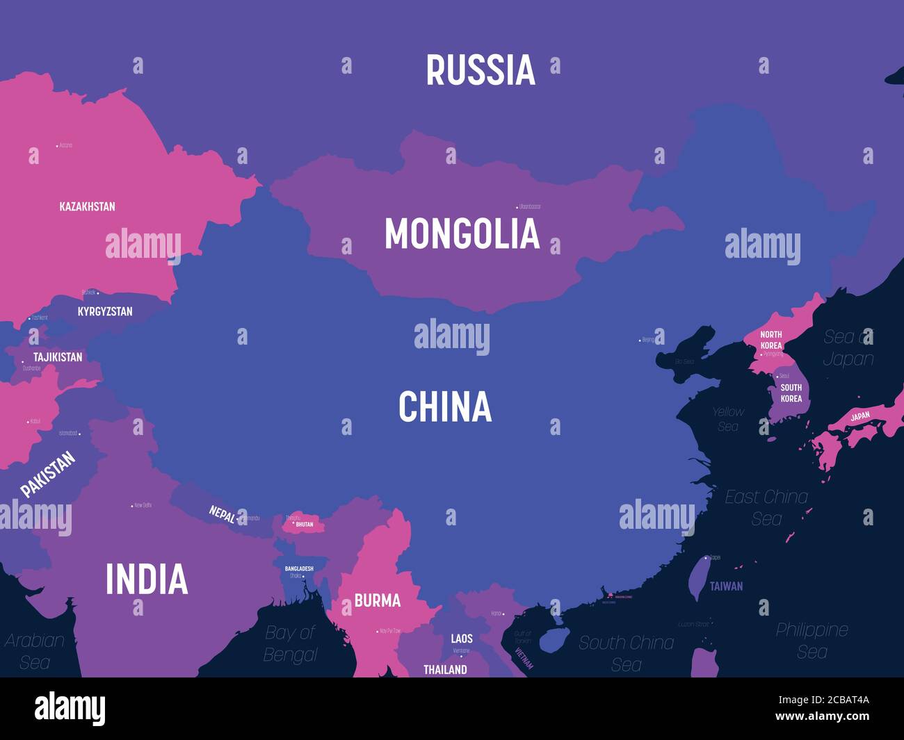 China map. High detailed political map of China and neighboring countries with country, capital, ocean and sea names labeling. Stock Vector