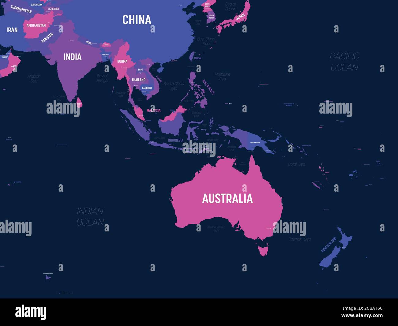 Australia And Southeast Asia Map High Detailed Political Map Of Australian And Southeastern Asia Region With Country Capital Ocean And Sea Names Labeling 2CBAT6C 