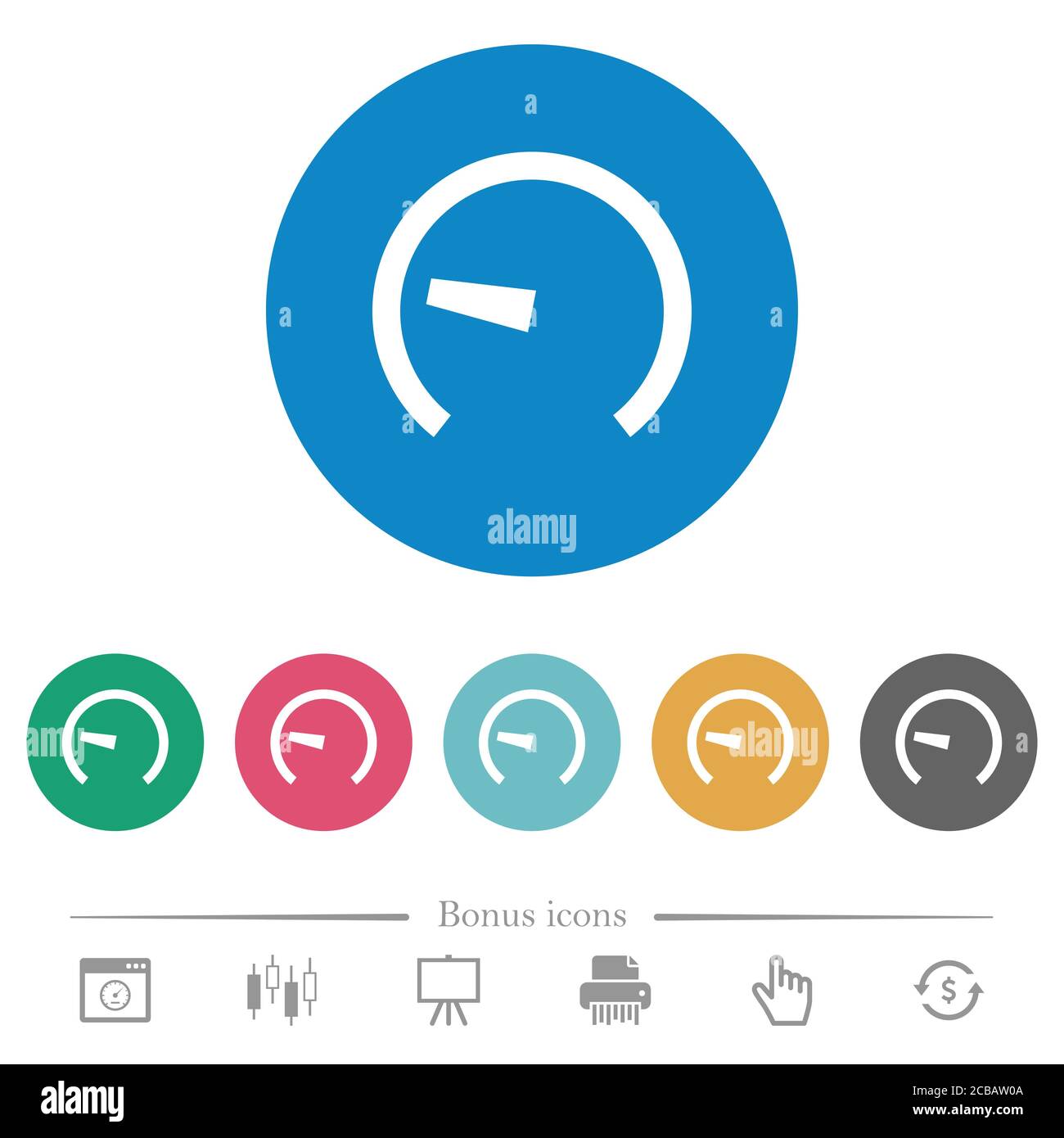 Speedometer flat white icons on round color backgrounds. 6 bonus icons ...