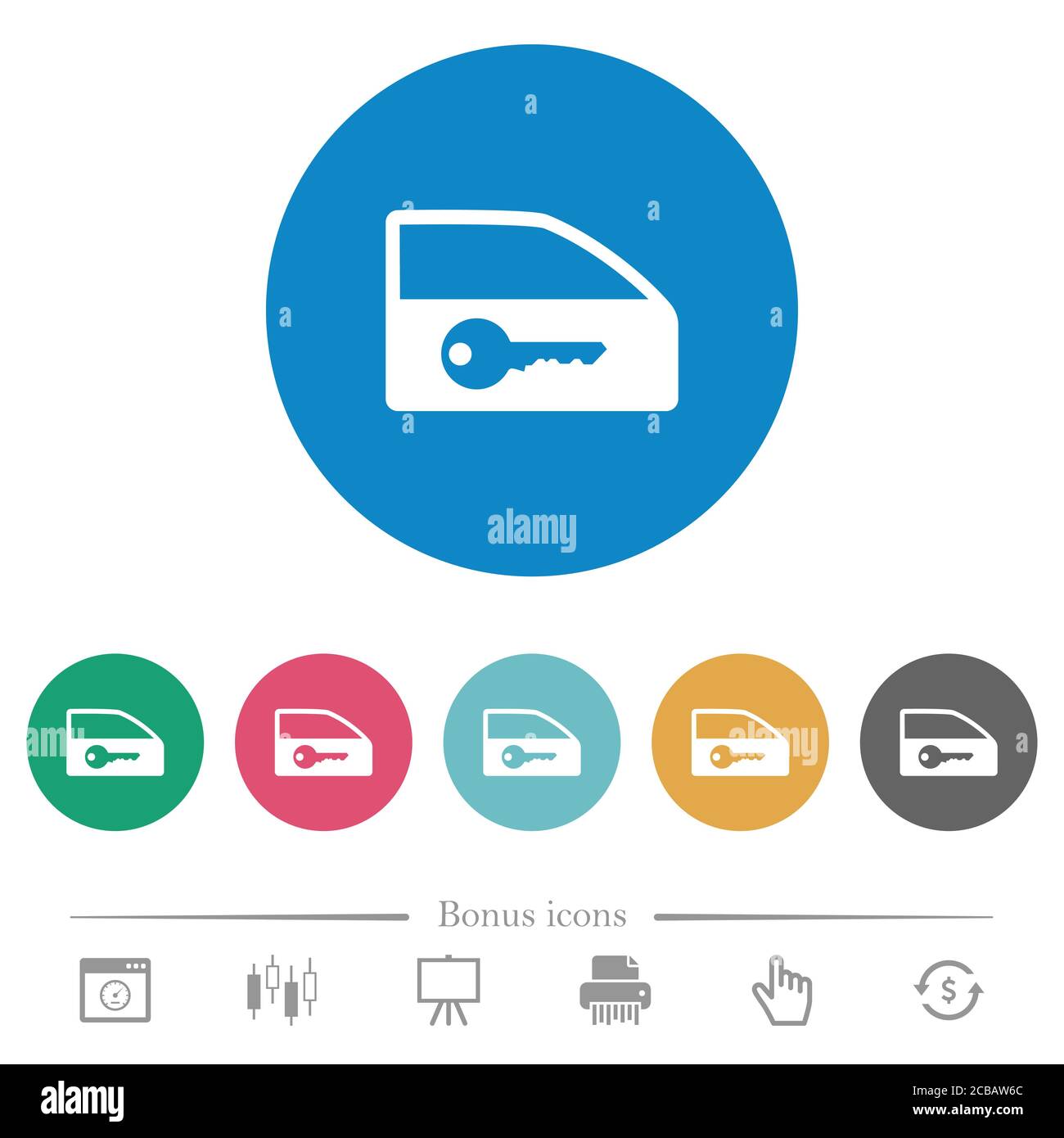 Car door lock flat white icons on round color backgrounds. 6 bonus