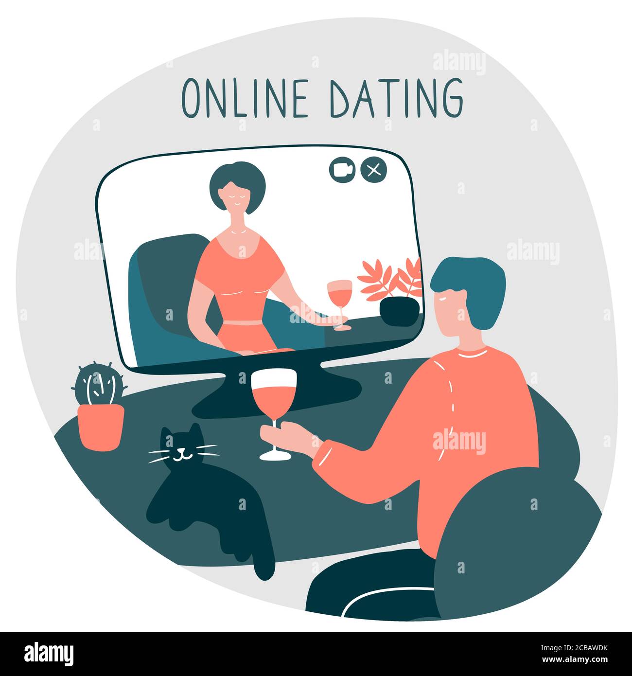 Young man sits in front of computer and talks with woman online. Girl and guy met online and build relationship at distance. Dating websites, internet Stock Vector
