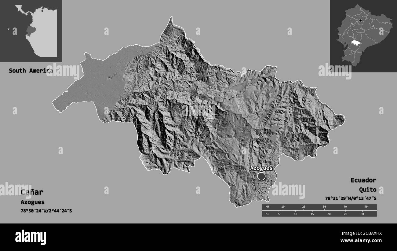 Shape of Cañar, province of Ecuador, and its capital. Distance scale, previews and labels. Bilevel elevation map. 3D rendering Stock Photo