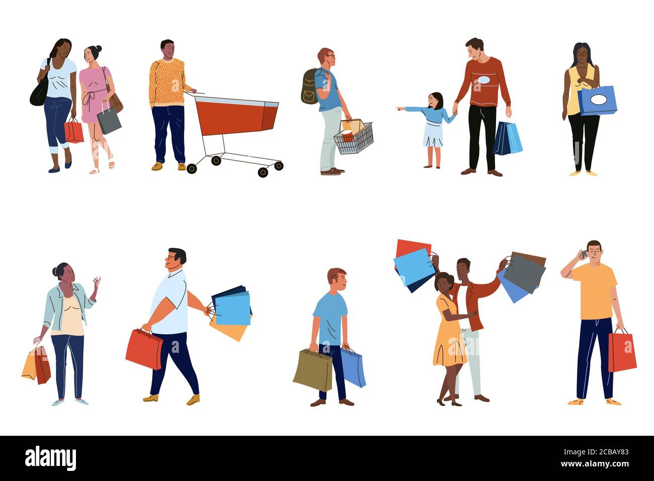 Shoppers flat vector characters set. Buyers with purchases, consumers buying products isolated cliparts pack on white background. Cartoon people holding paper shopping bags illustrations Stock Vector