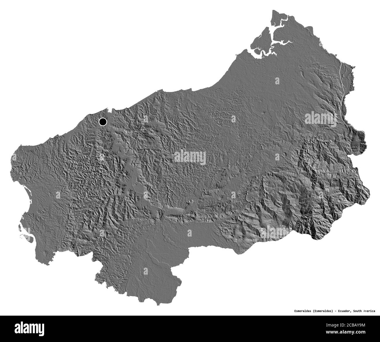 Shape of Esmeraldas, province of Ecuador, with its capital isolated on white background. Bilevel elevation map. 3D rendering Stock Photo