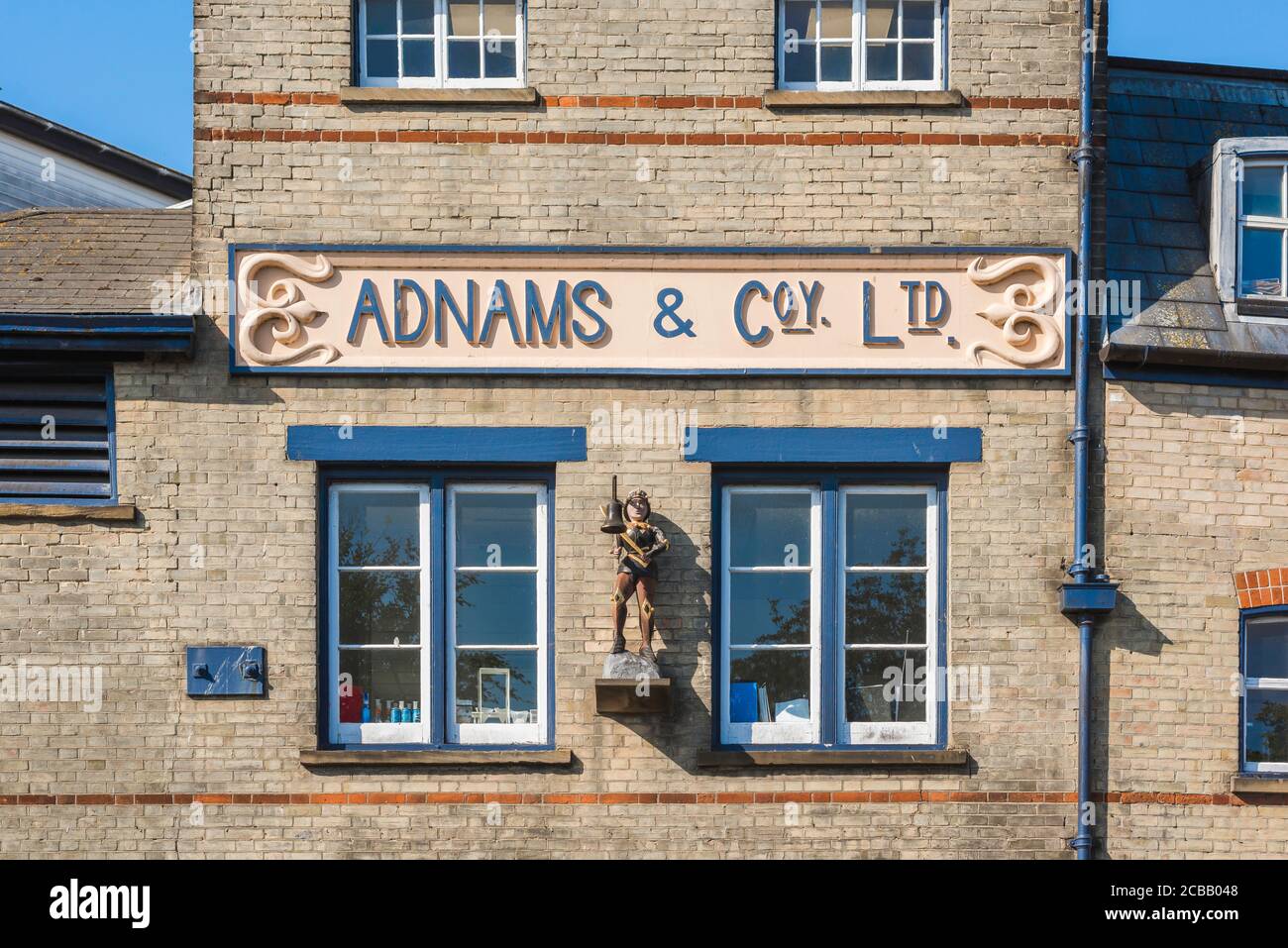 Adnams Southwold, view of detail of the facade of the Adnams Sole Bay Brewery building in the centre of Southwold, East Anglia, England, UK Stock Photo