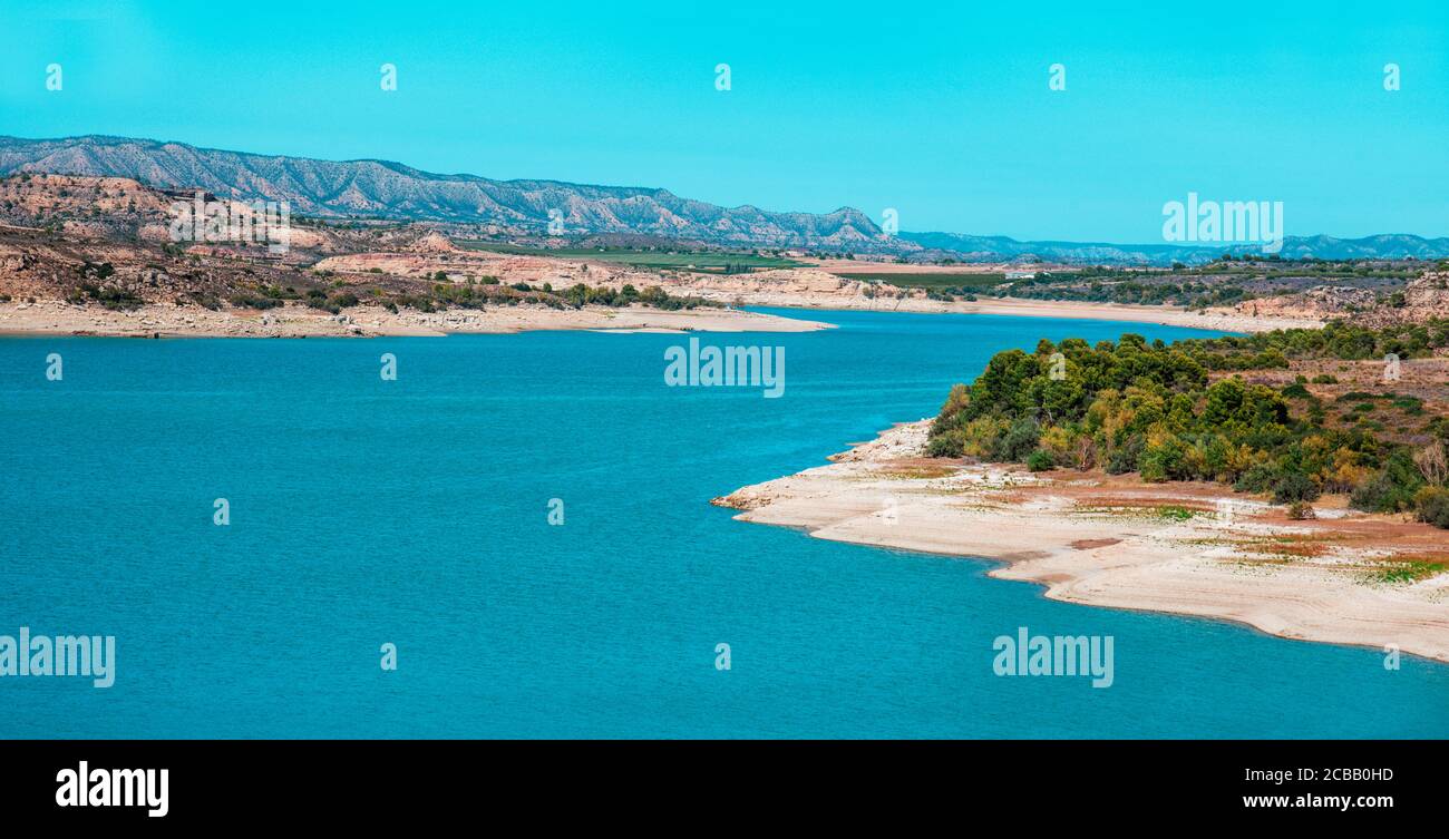a view of the Mequinenza Reservoir, in the Ebro river, also known as Mar de Aragon, Sea of Aragon, in the Zaragoza province, Spain Stock Photo