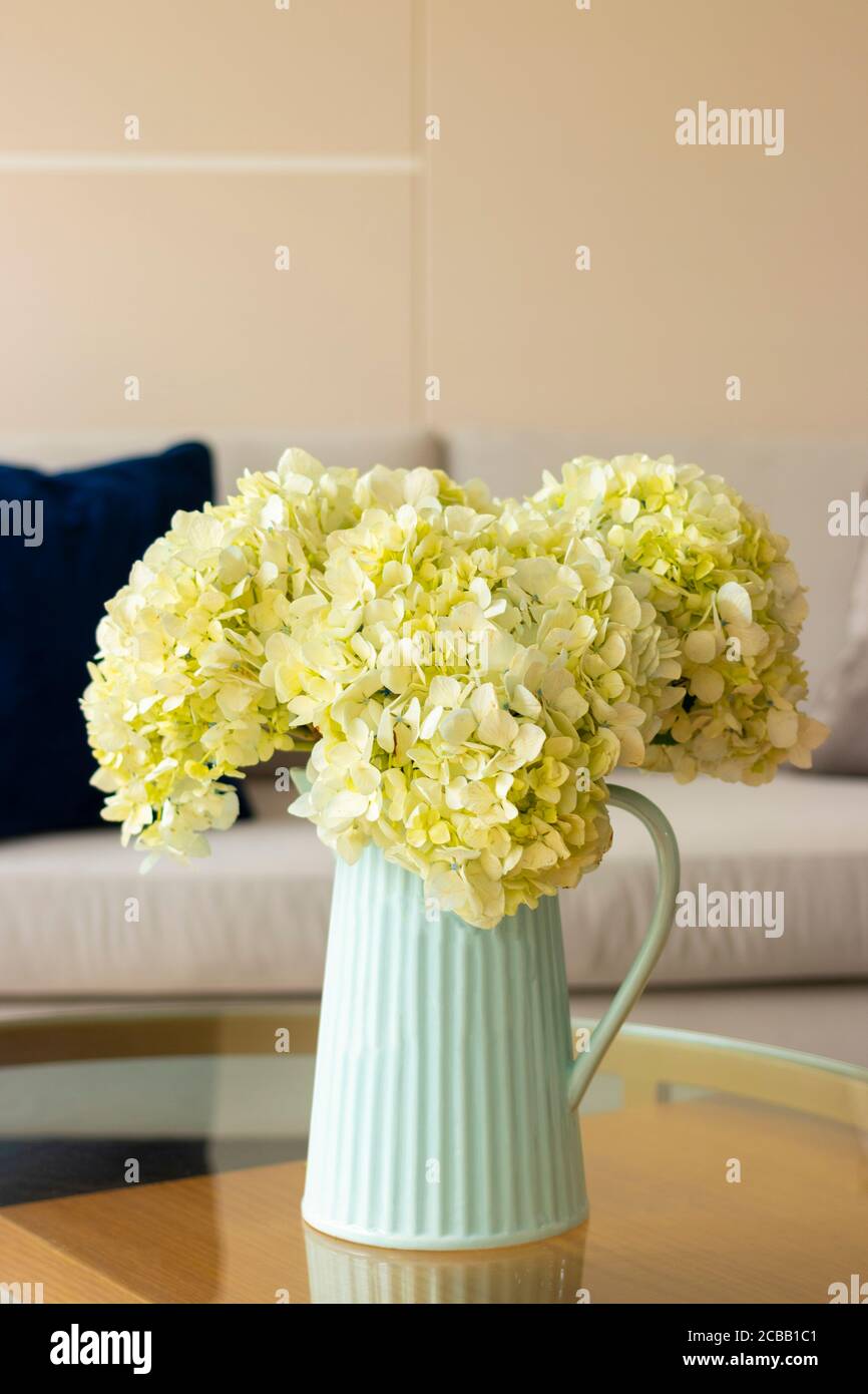 Hydrangea flower arrangement in a nice living room Stock Photo - Alamy