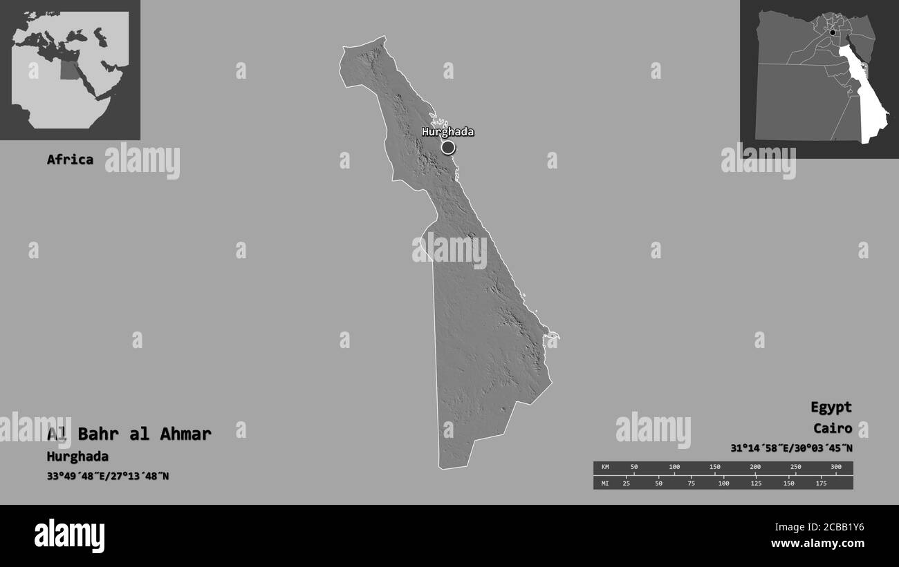 Shape of Al Bahr al Ahmar, governorate of Egypt, and its capital. Distance scale, previews and labels. Bilevel elevation map. 3D rendering Stock Photo