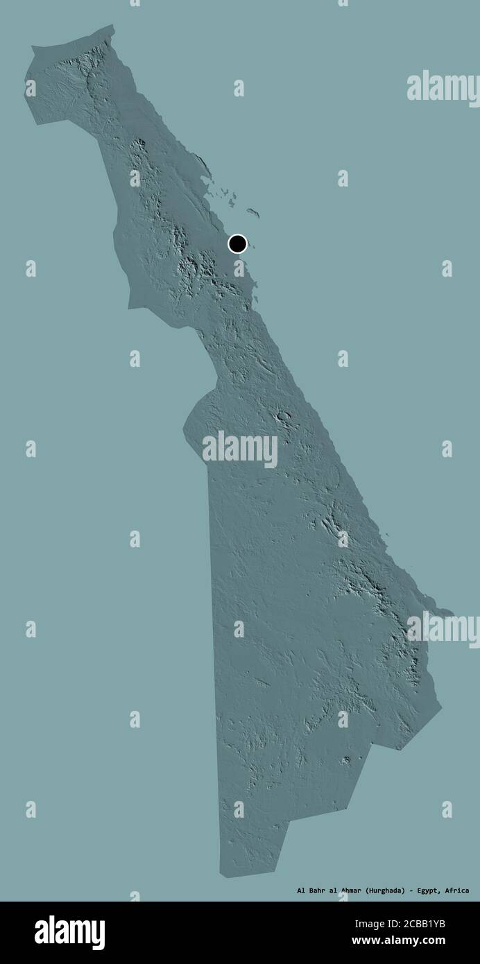 Shape of Al Bahr al Ahmar, governorate of Egypt, with its capital isolated on a solid color background. Colored elevation map. 3D rendering Stock Photo