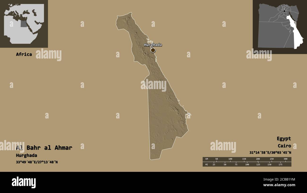 Shape of Al Bahr al Ahmar, governorate of Egypt, and its capital. Distance scale, previews and labels. Colored elevation map. 3D rendering Stock Photo