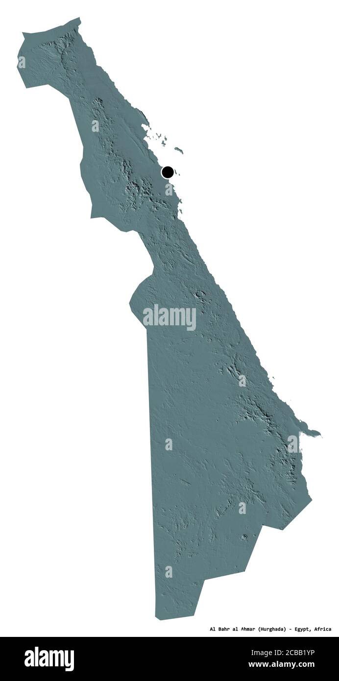 Shape of Al Bahr al Ahmar, governorate of Egypt, with its capital isolated on white background. Colored elevation map. 3D rendering Stock Photo