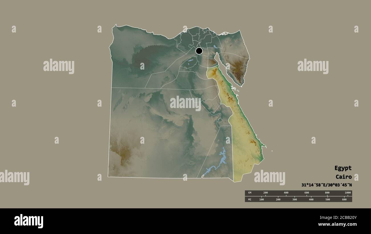 Desaturated shape of Egypt with its capital, main regional division and the separated Al Bahr al Ahmar area. Labels. Topographic relief map. 3D render Stock Photo