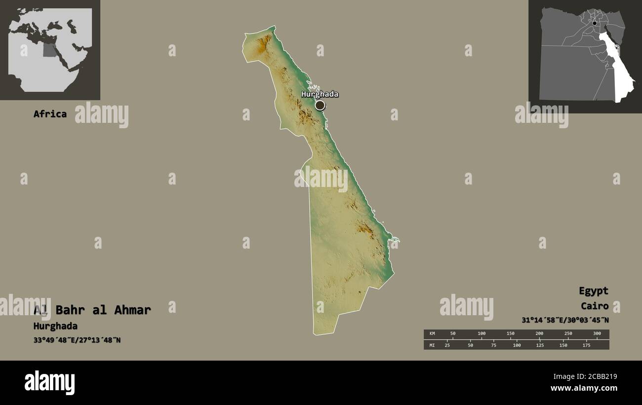 Shape of Al Bahr al Ahmar, governorate of Egypt, and its capital. Distance scale, previews and labels. Topographic relief map. 3D rendering Stock Photo