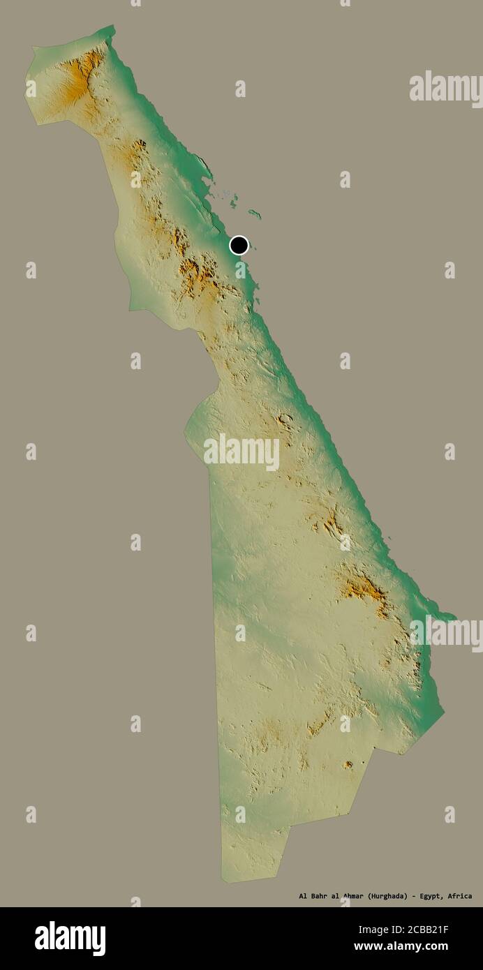 Shape of Al Bahr al Ahmar, governorate of Egypt, with its capital isolated on a solid color background. Topographic relief map. 3D rendering Stock Photo