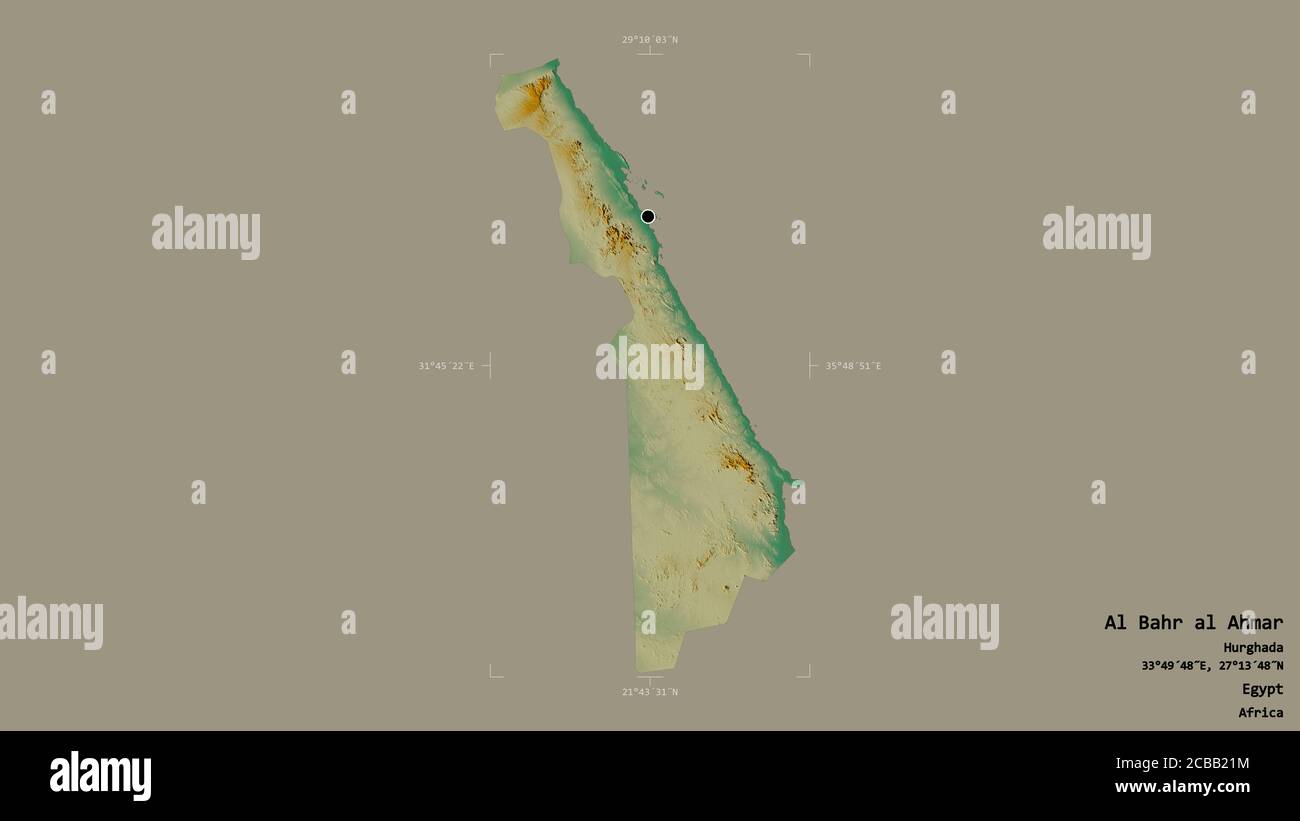 Area of Al Bahr al Ahmar, governorate of Egypt, isolated on a solid background in a georeferenced bounding box. Labels. Topographic relief map. 3D ren Stock Photo