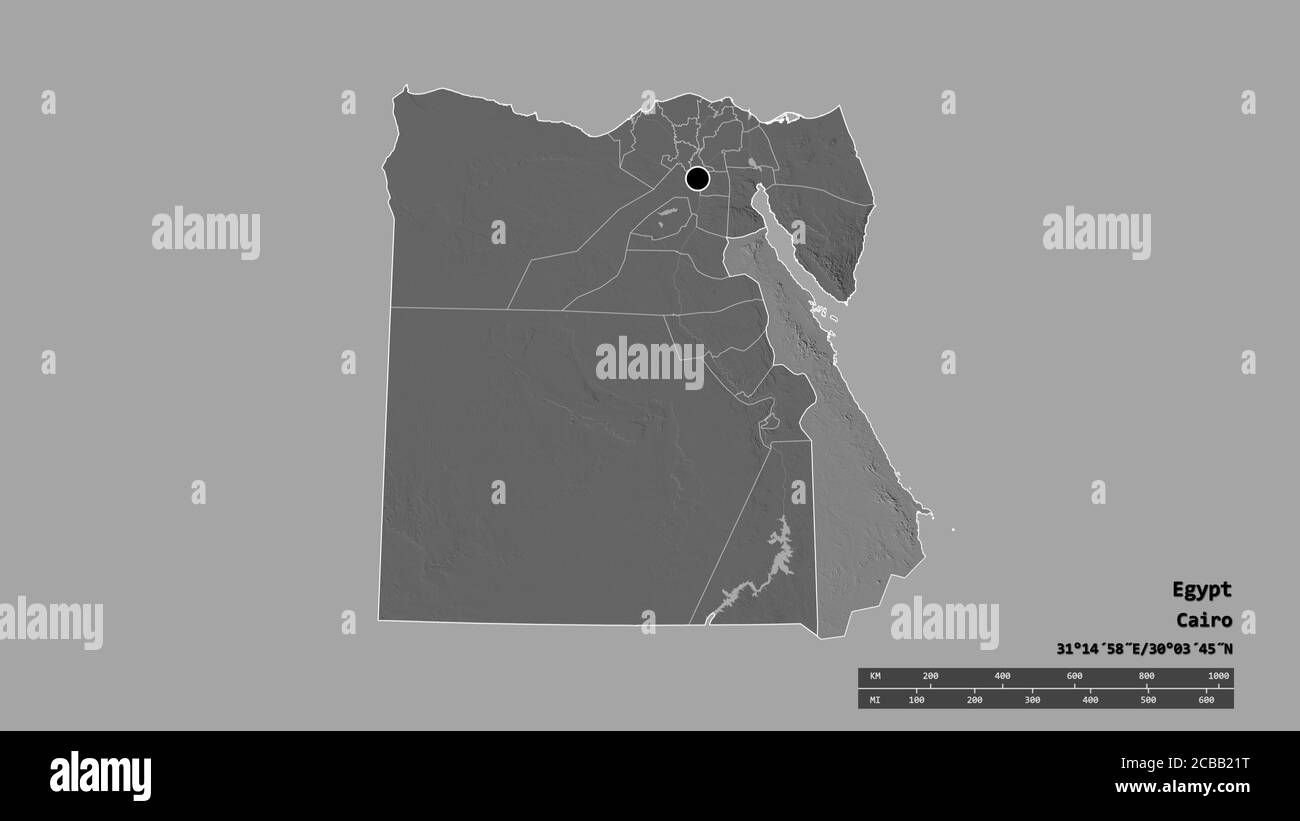 Desaturated shape of Egypt with its capital, main regional division and the separated Al Bahr al Ahmar area. Labels. Bilevel elevation map. 3D renderi Stock Photo