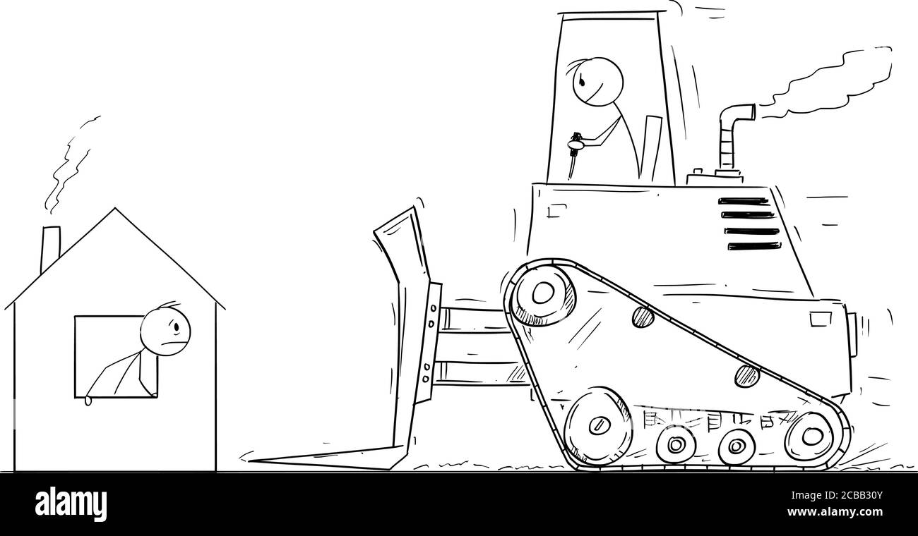 Vector cartoon stick figure drawing conceptual illustration of bulldozer moving to demolish small family house. Stock Vector