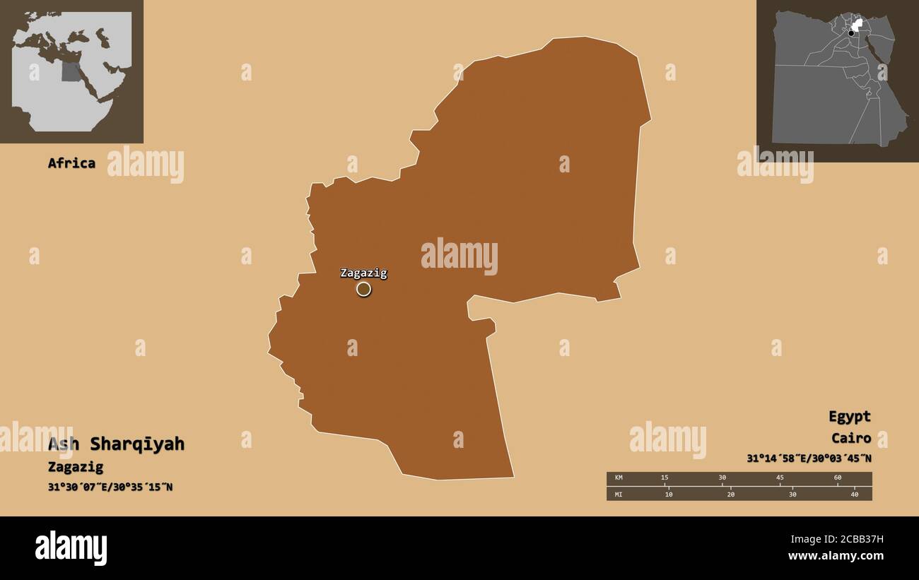 Shape of Ash Sharqīyah, governorate of Egypt, and its capital. Distance scale, previews and labels. Composition of patterned textures. 3D rendering Stock Photo