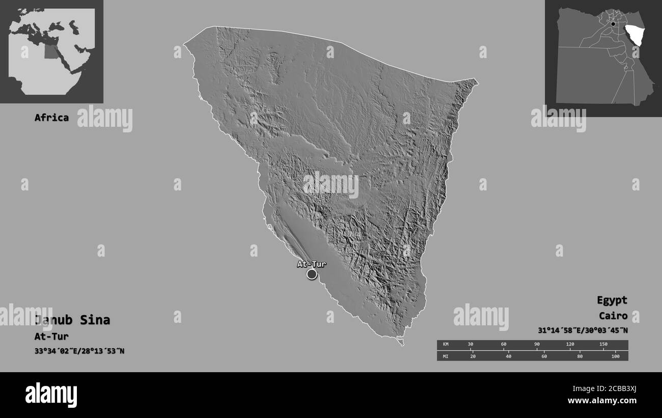 Shape of Janub Sina, governorate of Egypt, and its capital. Distance scale, previews and labels. Bilevel elevation map. 3D rendering Stock Photo