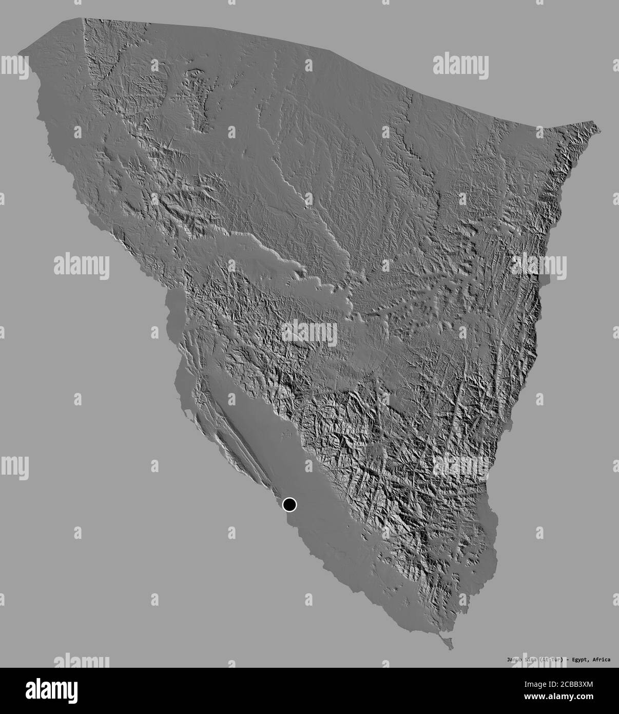 Shape of Janub Sina, governorate of Egypt, with its capital isolated on a solid color background. Bilevel elevation map. 3D rendering Stock Photo