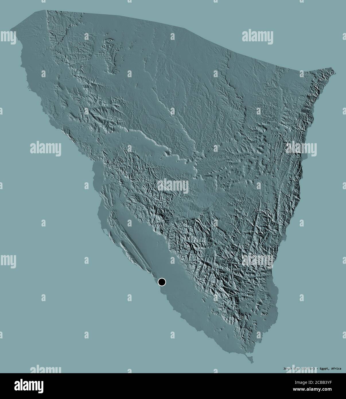 Shape of Janub Sina, governorate of Egypt, with its capital isolated on a solid color background. Colored elevation map. 3D rendering Stock Photo