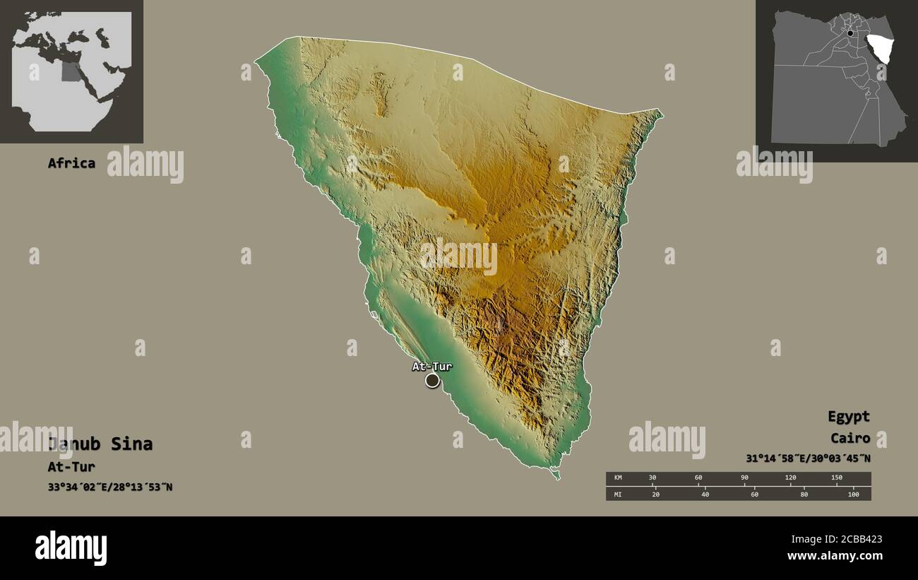 Shape of Janub Sina, governorate of Egypt, and its capital. Distance scale, previews and labels. Topographic relief map. 3D rendering Stock Photo