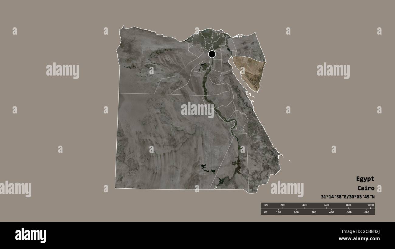 Desaturated shape of Egypt with its capital, main regional division and the separated Janub Sina area. Labels. Satellite imagery. 3D rendering Stock Photo