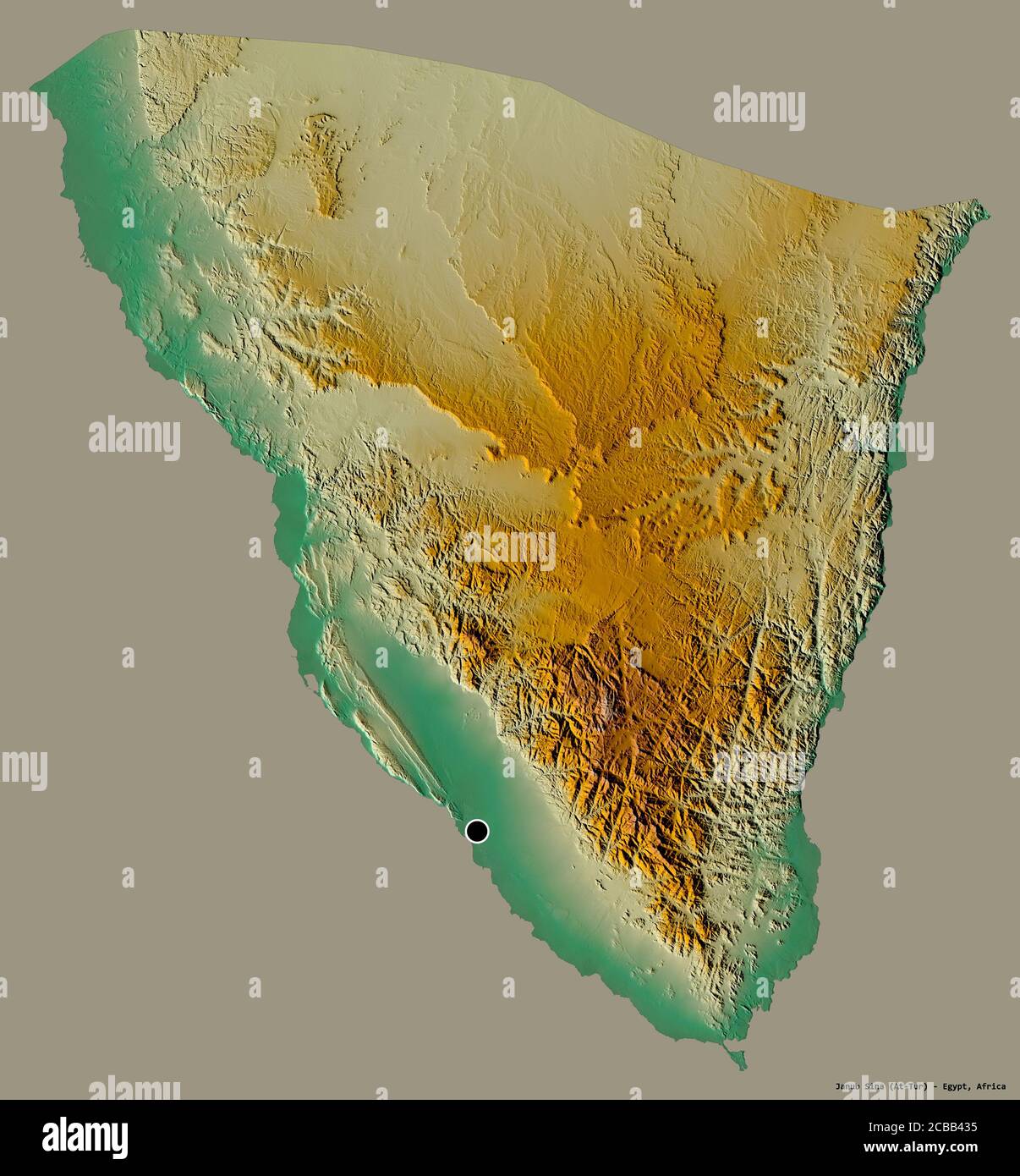Shape of Janub Sina, governorate of Egypt, with its capital isolated on a solid color background. Topographic relief map. 3D rendering Stock Photo