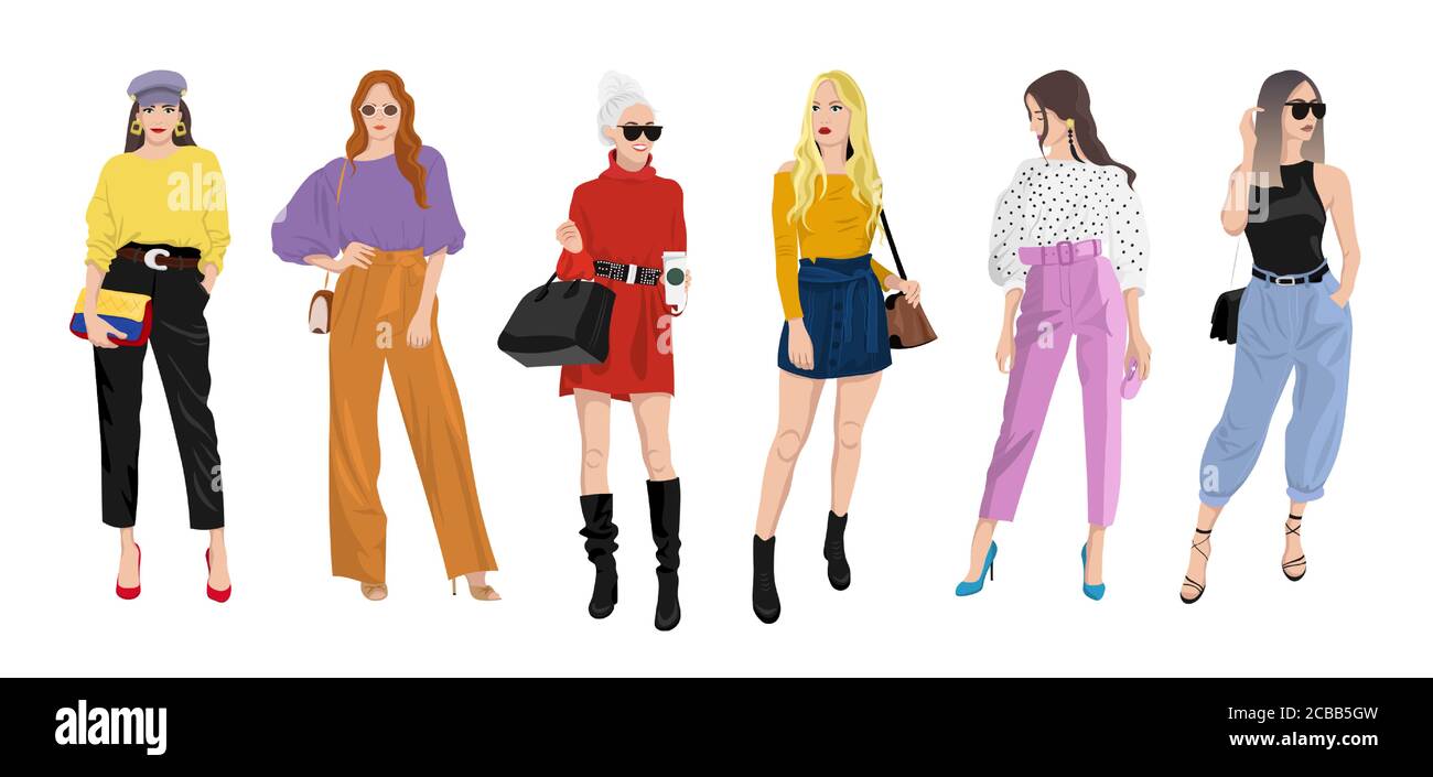Set of women dressed in stylish trendy clothes - fashion street style Stock Vector