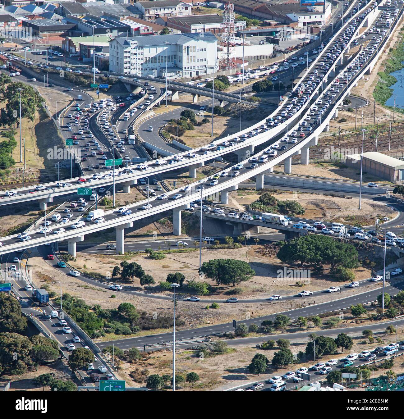 Cape Town, Western Cape / South Africa - 02/26/2020: Aerial photo of traffic on Koeberg Interchange Stock Photo