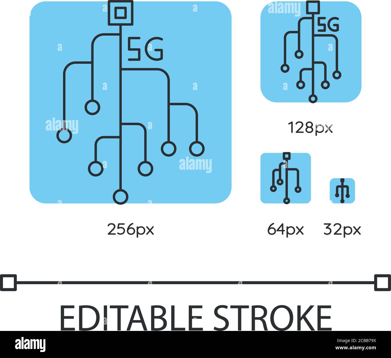 5G chip blue linear icons set. Microchip, microcircuit. Mobile cellular ...