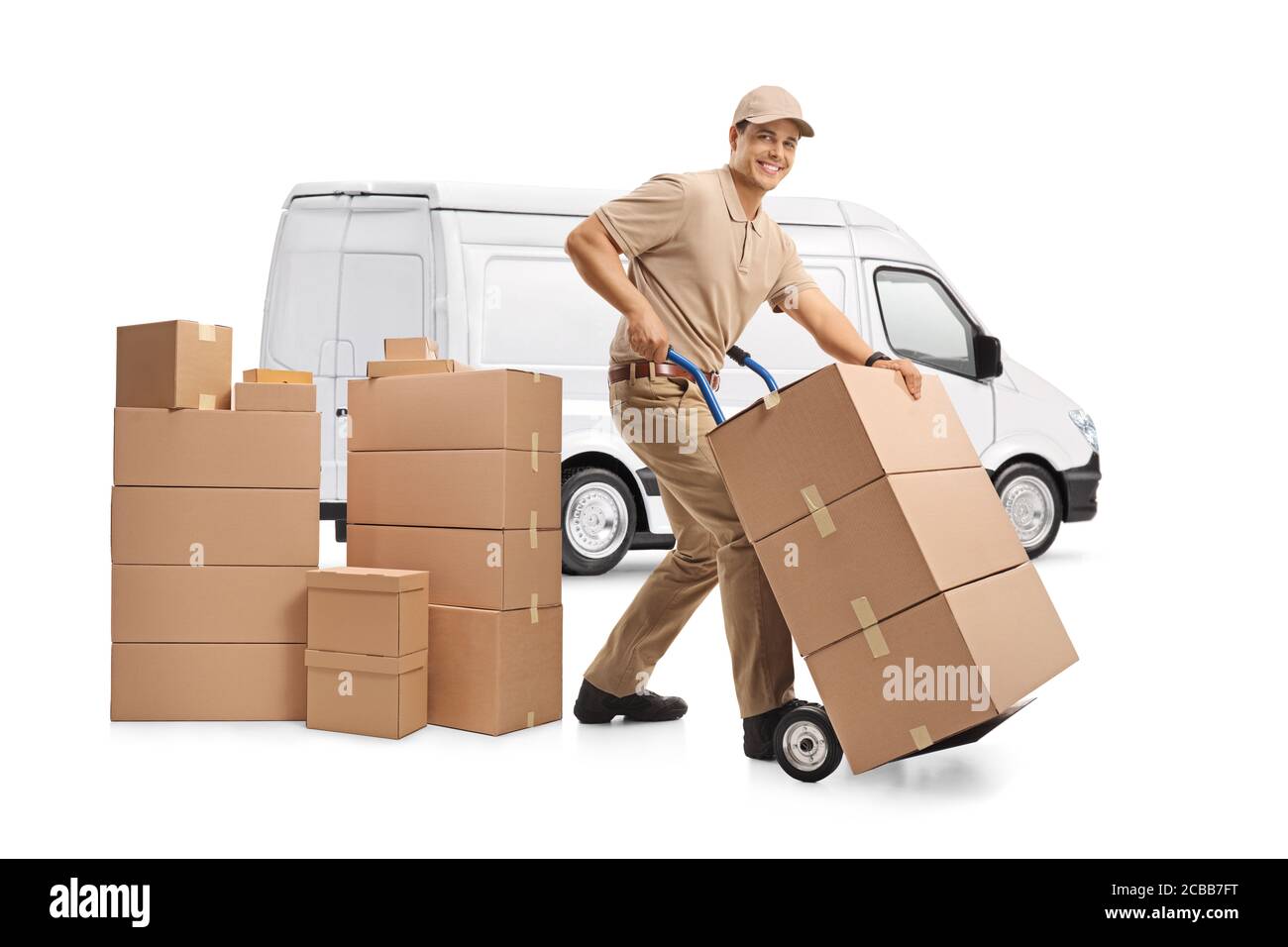 White delivery van and a male worker loading boxes isolated on white background Stock Photo