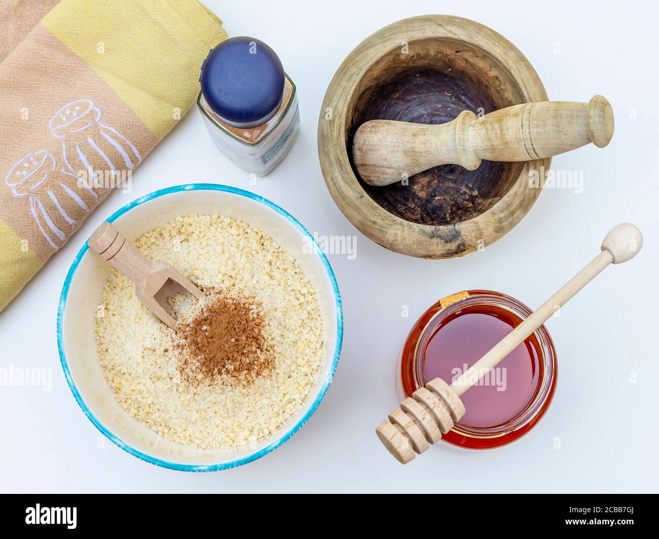 Composition with the ingredients necessary for the preparation of a dessert from the Canary Islands, called "bienmesabe canario" Stock Photo