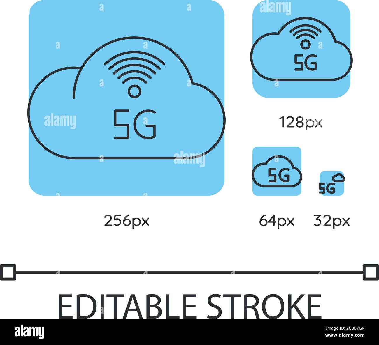 5G cloud service blue linear icons set. Cloud computing. Remote workforce. Network storage. Thin line customizable 256, 128, 64 and 32 px vector illus Stock Vector