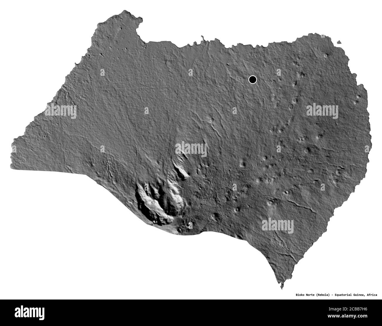 Shape of Bioko Norte, province of Equatorial Guinea, with its capital isolated on white background. Bilevel elevation map. 3D rendering Stock Photo