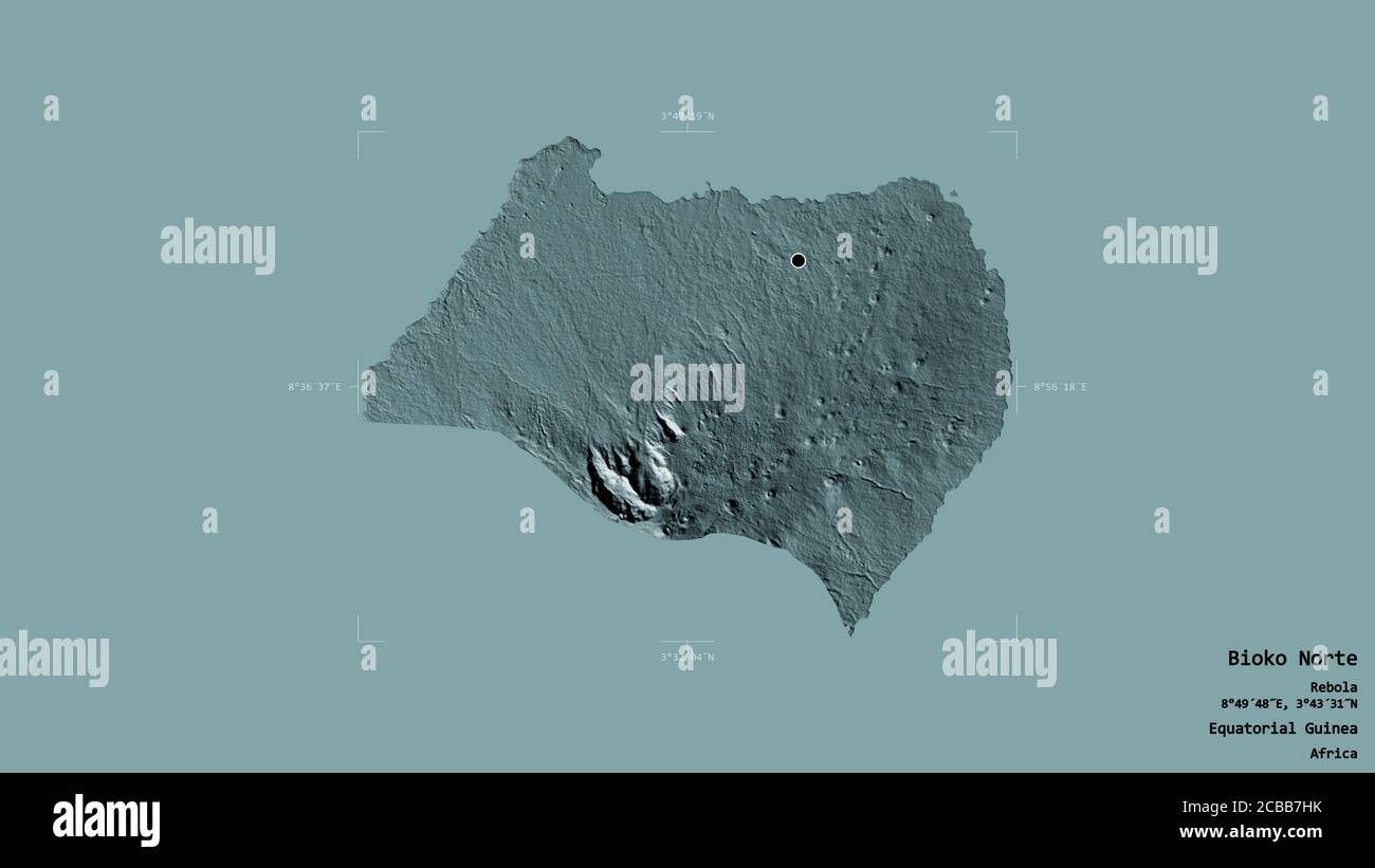 Area of Bioko Norte, province of Equatorial Guinea, isolated on a solid background in a georeferenced bounding box. Labels. Colored elevation map. 3D Stock Photo