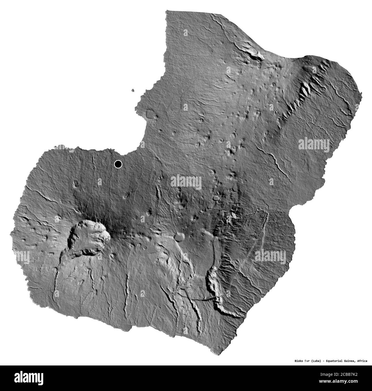 Shape of Bioko Sur, province of Equatorial Guinea, with its capital isolated on white background. Bilevel elevation map. 3D rendering Stock Photo