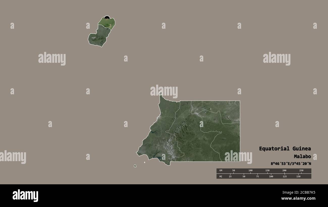 Desaturated shape of Equatorial Guinea with its capital, main regional division and the separated Bioko Norte area. Labels. Satellite imagery. 3D rend Stock Photo