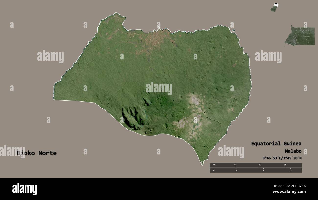 Shape of Bioko Norte, province of Equatorial Guinea, with its capital isolated on solid background. Distance scale, region preview and labels. Satelli Stock Photo
