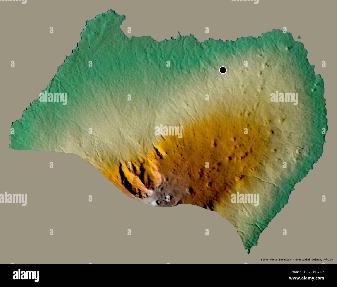 Shape of Bioko Norte, province of Equatorial Guinea, with its capital isolated on a solid color background. Topographic relief map. 3D rendering Stock Photo