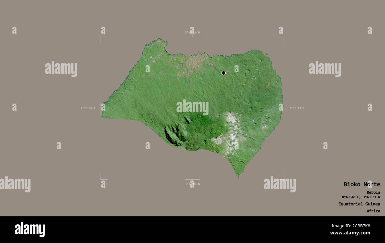 Area of Bioko Norte, province of Equatorial Guinea, isolated on a solid background in a georeferenced bounding box. Labels. Satellite imagery. 3D rend Stock Photo
