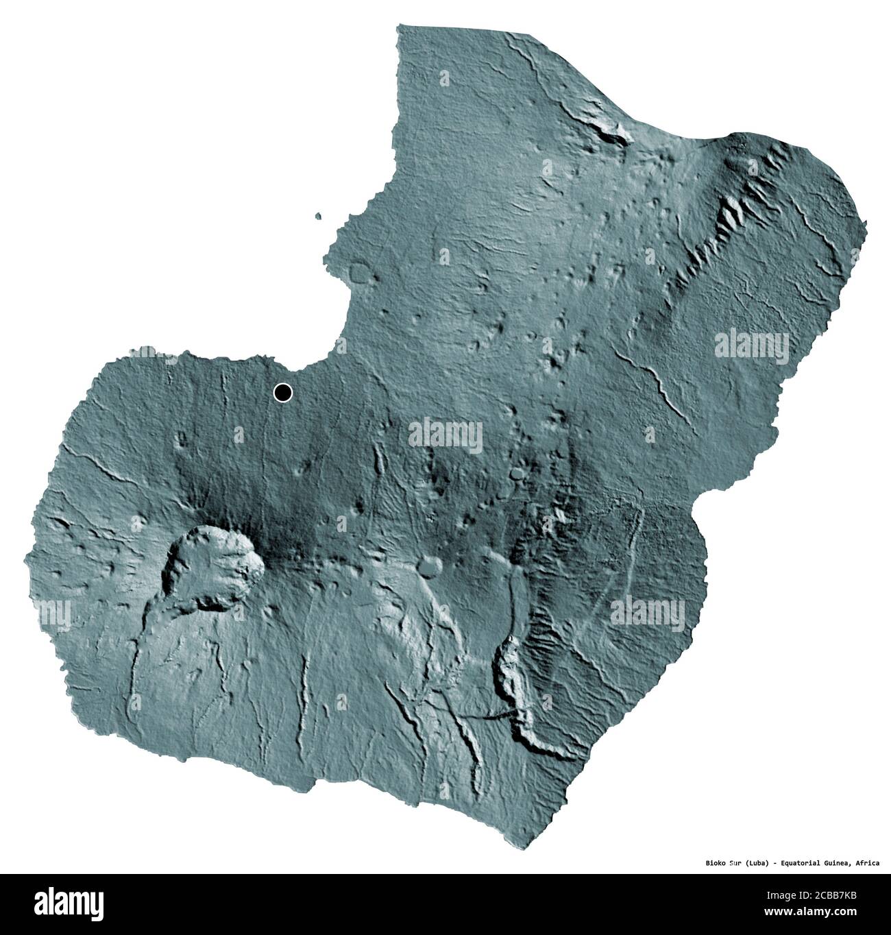 Shape of Bioko Sur, province of Equatorial Guinea, with its capital isolated on white background. Colored elevation map. 3D rendering Stock Photo
