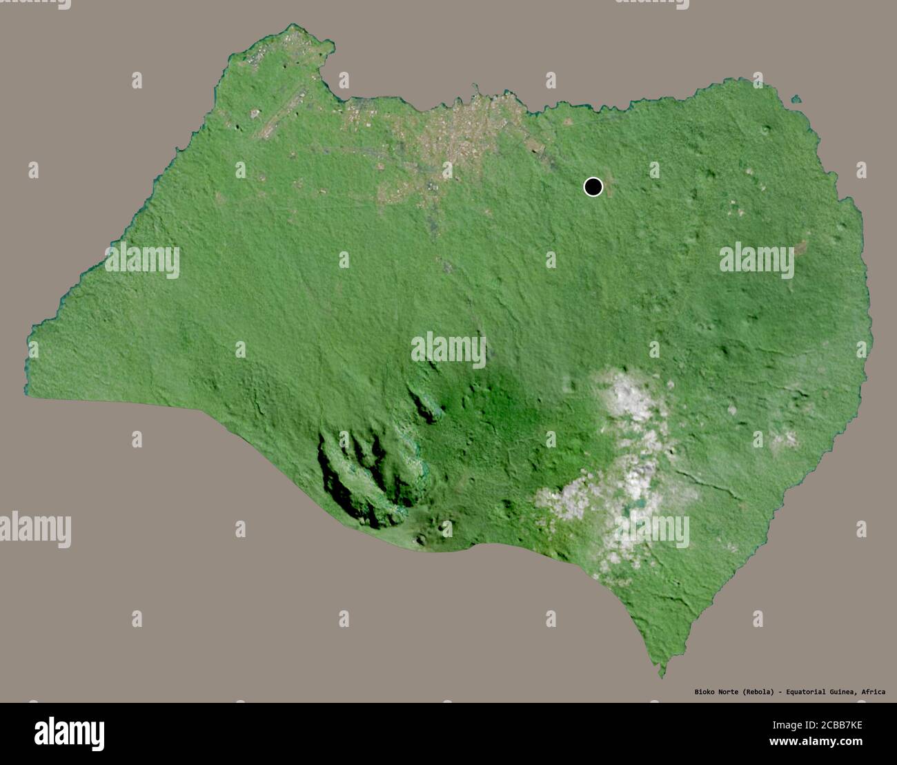 Shape of Bioko Norte, province of Equatorial Guinea, with its capital isolated on a solid color background. Satellite imagery. 3D rendering Stock Photo