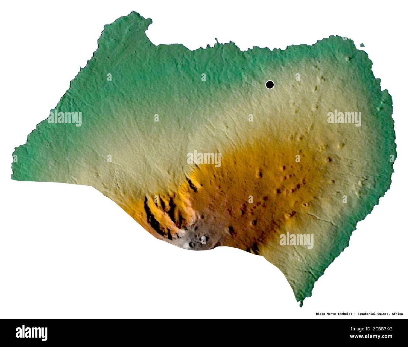 Shape of Bioko Norte, province of Equatorial Guinea, with its capital isolated on white background. Topographic relief map. 3D rendering Stock Photo
