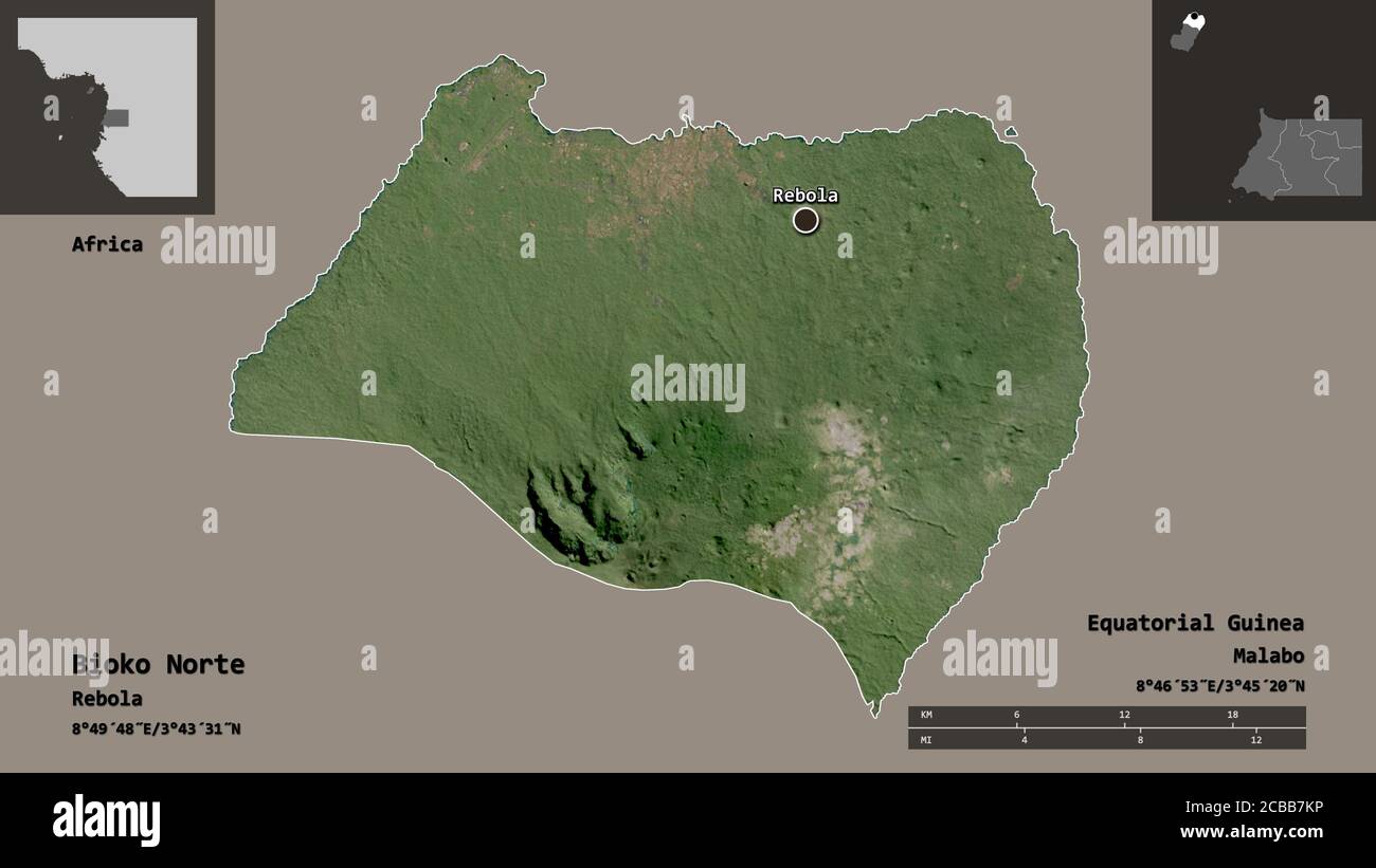 Shape of Bioko Norte, province of Equatorial Guinea, and its capital. Distance scale, previews and labels. Satellite imagery. 3D rendering Stock Photo