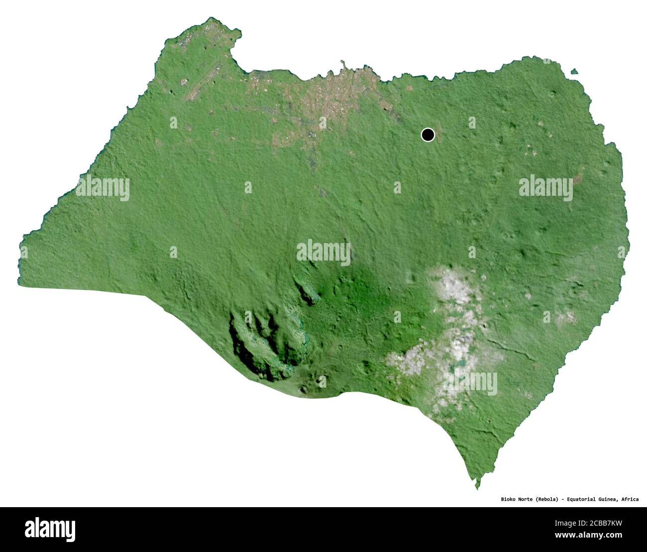 Shape of Bioko Norte, province of Equatorial Guinea, with its capital isolated on white background. Satellite imagery. 3D rendering Stock Photo